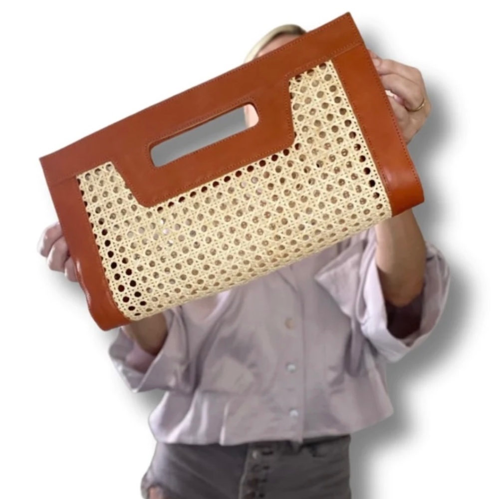 Wicker Clutch Leather Bag BROWN TRIM
